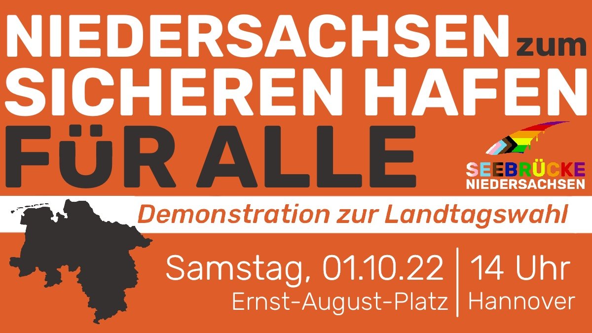 Demo zur #Landtagswahl am 1.10. in #Hannover!
Gemeinsam machen wir #Niedersachsen zum Sicheren Hafen für alle!
#NDSwirdSichererHafen #LTW22 #LTWNDS