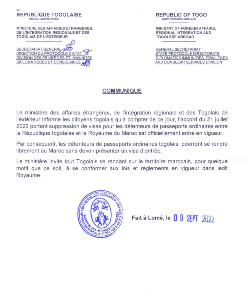Entrée libre effective et libre circulation entre togolais et marocains. Vive la coopération entre 🇹🇬 🇲🇦