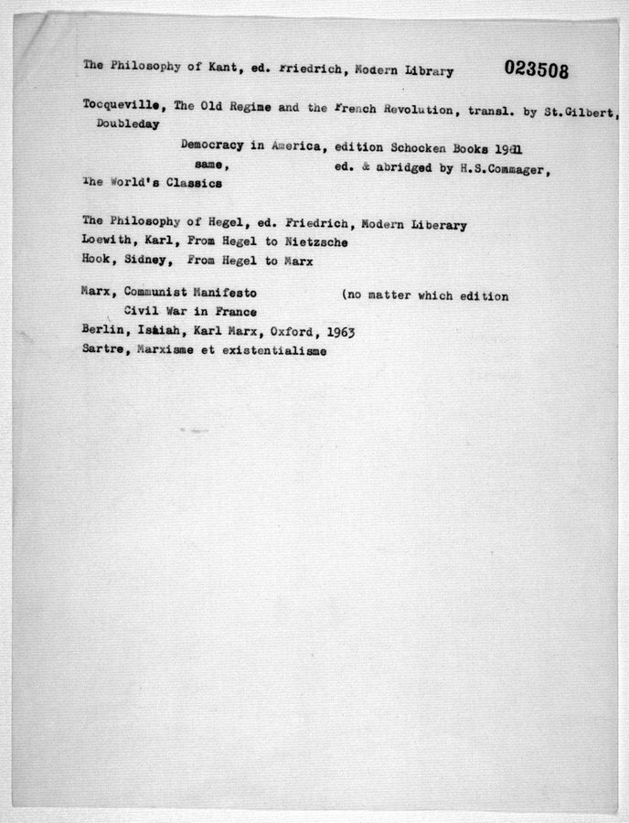 Hannah Arendt's syllabus for From Machiavelli to Marx, taught at Cornell in 1965