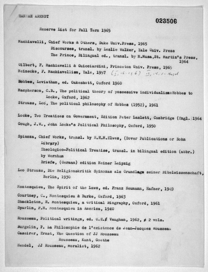 Samantharhill's tweet photo. Hannah Arendt's syllabus for From Machiavelli to Marx, taught at Cornell in 1965 https://t.co/MyGH8wFL4c