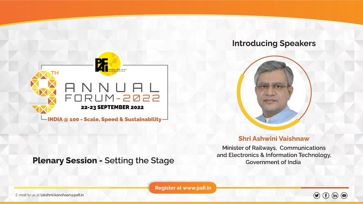 Public Affairs Forum of India (@pafiindia) on Twitter photo We welcome Sh. <a href="/AshwiniVaishnaw/">Ashwini Vaishnaw</a>, Minister for Railways, Communications & IT, to set the stage at the opening plenary session on the policy roadmap & state capacity that India needs for transforming into a high-income economy by 2047. Register at pafi.in/registration1/ We welcome Sh. <a href="/AshwiniVaishnaw/">Ashwini Vaishnaw</a>, Minister for Railways, Communications & IT, to set the stage at the opening plenary session on the policy roadmap & state capacity that India needs for transforming into a high-income economy by 2047. Register at pafi.in/registration1/