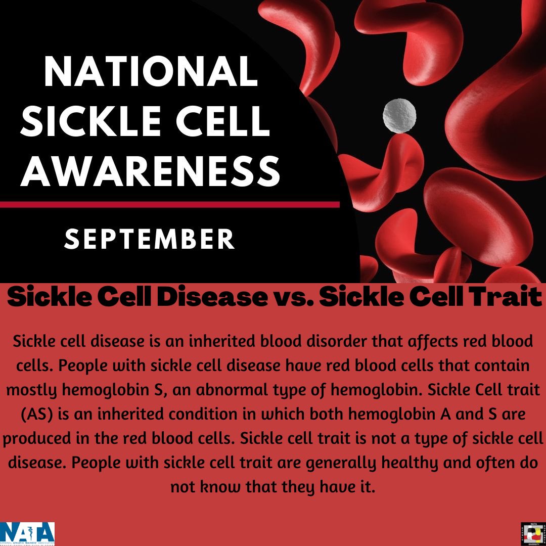 Did you know that September is National Sickle Cell Awareness Month? An estimated 100,000 Americans have Sickle Cell Disease. People of many different Ethnic Backgrounds can suffer from SCD. 

It is important as Athletic Trainers to know about our athletes medical histories to