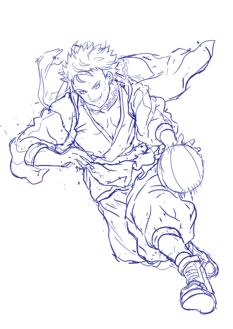 嫁さんが好きなヒプノシスマイクの波羅夷空却のラフ描きました
寺の修行を抜けだして大須の路地で悪友とストリートバスケに興じているという妄想シーンです 