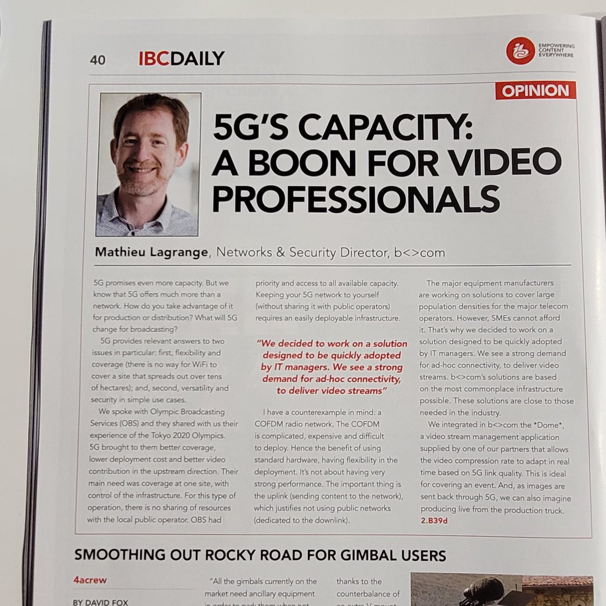 IRT_BCom's tweet photo. [#IBC2022] in the @ibcdaily news with our #5G bubble for broadcasters and integrators!📍 stand 2.B39d. Book your demo > https://t.co/ZjGLRyp54D #broadcast @IBCShow #IBC22 https://t.co/Fun7AWBbcV