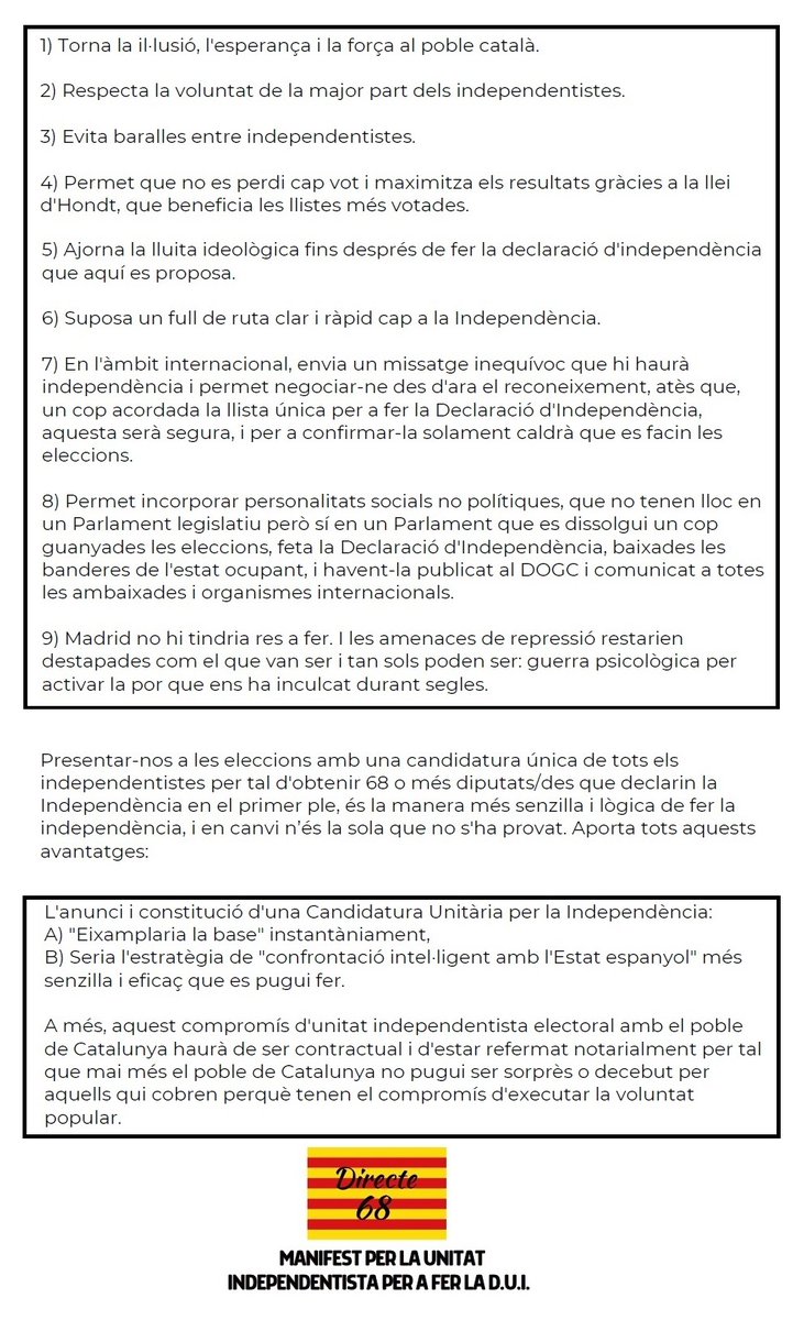 EricRieraBigas's tweet photo. 📢 Si ets CATALÀ i vols participar en la
DECLARACIÓ UNILATERAL d'INDEPENDÈNCIA
de CATALUNYA ...

Dona el teu SUPORT i FIRMA 👇

🔸 Manifest d'Unitat per la Declaració Unilateral d'Independència de Catalunya que @Directe68 feu públic la Diada de l'11-9-20

https://t.co/PGGWoPu3A9 https://t.co/MWVpEz8oMK