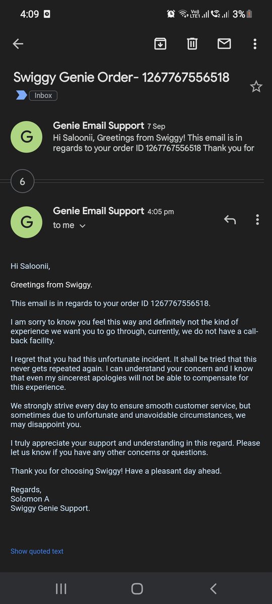 Salooniip's tweet photo. @SwiggyCares @Swiggy is this a way of saying that you have incompetent servicing mechanism and that you can shut down a customer's concern by saying 'we may disappoint you' and just close the damn ticket? 

I am never purchasing Swiggy even again 
#shutdownswiggy #dabbachorswiggy https://t.co/Izn14pz0bb