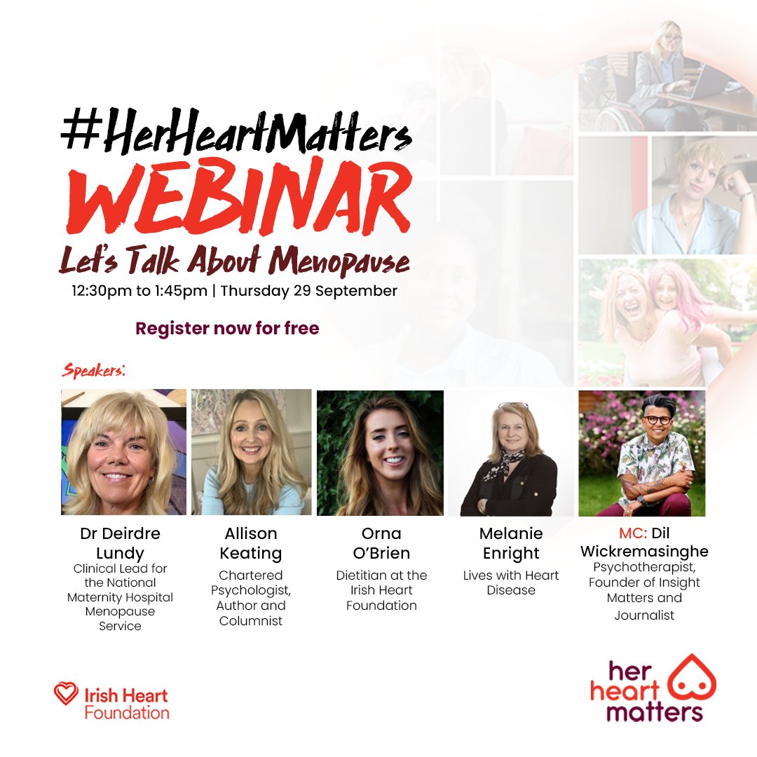 This #WorldHeartDay, join our panel of experts for a conversation on women’s real experiences of menopause, its impact on heart health &amp; lots of practical information to help you on your way.

When: Thursday 29 September | 12:30 - 1:45pm

eventbrite.ie/e/her-heart-ma…

#HerHeartMatters