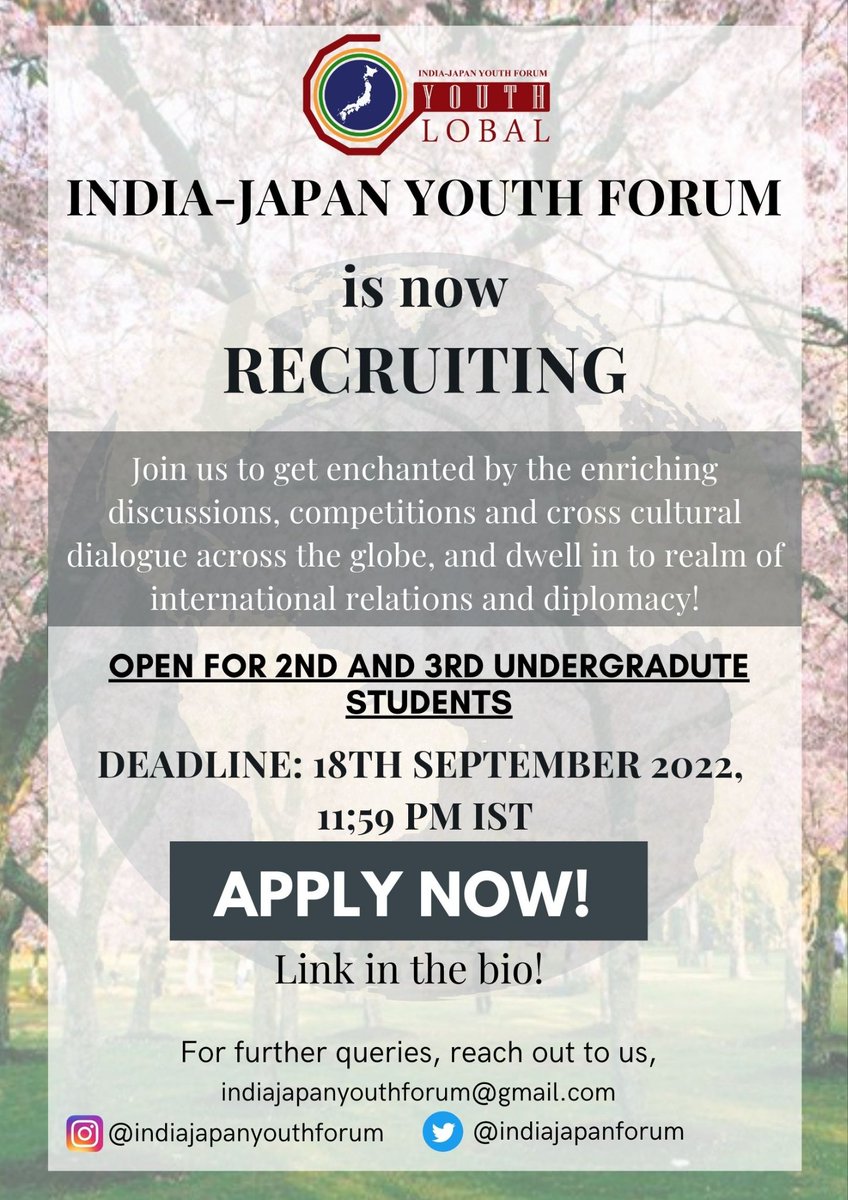 Konbanwa 🌸

We are excited to announce that India-Japan Youth Forum now initiating recruitment !🇮🇳🇯🇵
Open to current 2nd and 3rd Year undergraduates.

Form Link: forms.gle/dPk2mxaJbVHrs4…

Happy Applying!
Thank you.
For any queries,contact:
indiajapanyouthforum@gmail.com