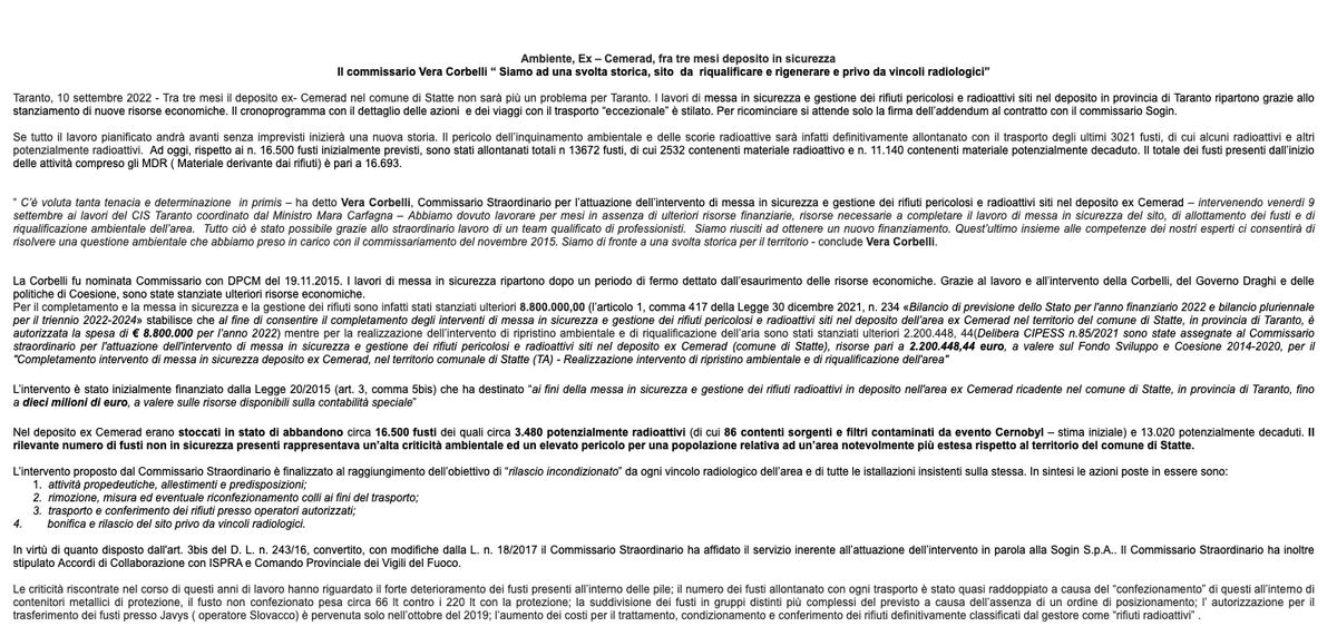 ardigiorgio's tweet photo. volge al termine la bonifica della vera bomba ecologica di #taranto: il deposito abusivo di rifiuti #nucleari con 16 mila fusti radioattivi (#Ilva non c'entra niente). bonifica realizzata da sogin e dal commissario Corbelli. nominata indovinate da chi? https://t.co/KXoeswS4nf