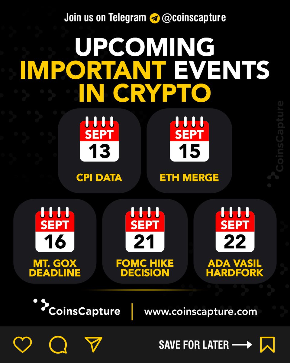 Upcoming important events in crypto

#Crypot #Cryptoevent #Cryptocurrency #Cryptogathering #Cryptolovers #cryptocurrency #Cryptoholders #Cryptoinvestor #Cryptoinvestment #Cryptocurrencyworld #Cryptocurrencytraderes #Cryptotrading #Cryptocurrencyevent #Eventofcrypto #Coinscapture