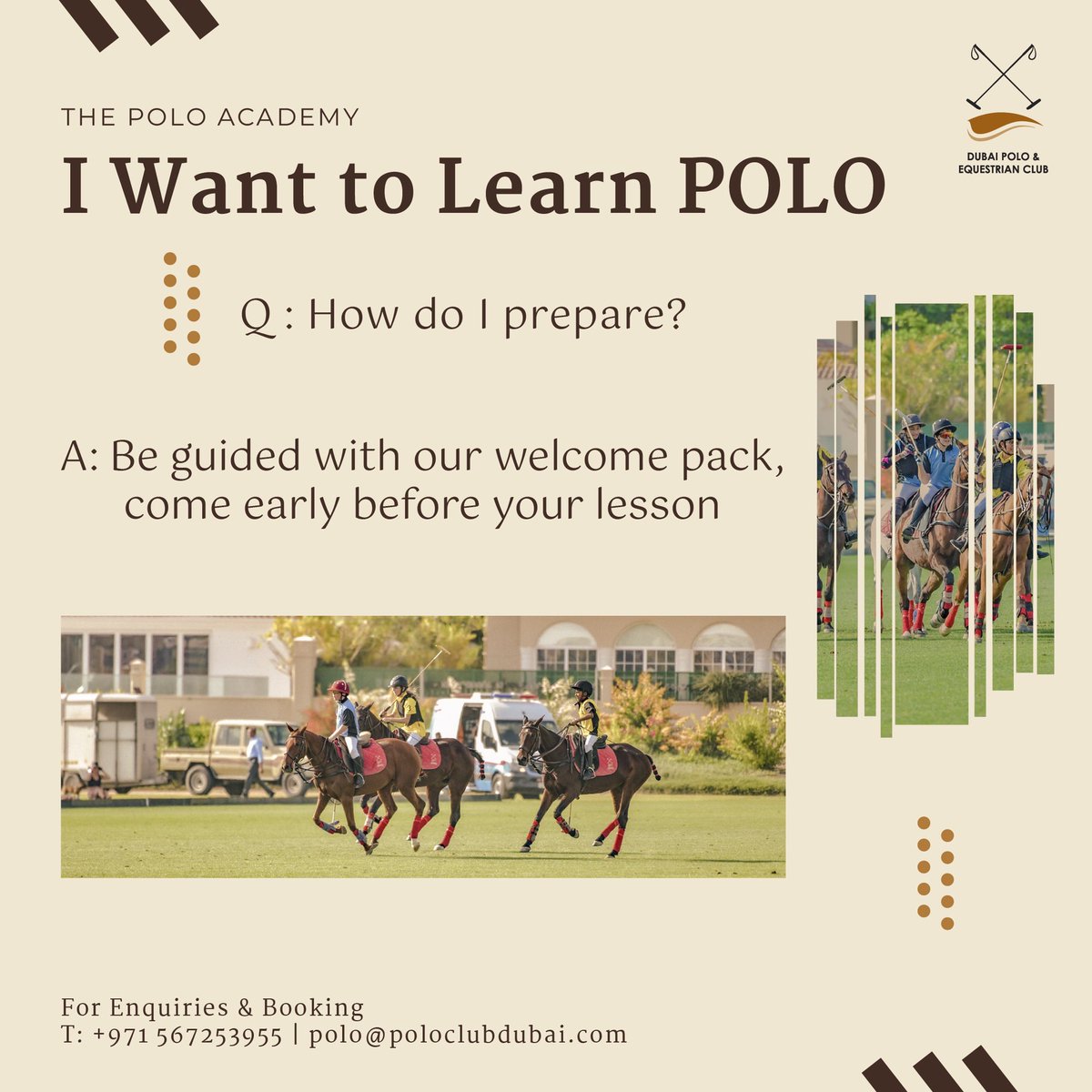 If you have experience in riding and interested in the sport of Polo, "the sports of the kings", these are the first of the many questions you might ask. Visit poloclubdubai.com to know more. 

For more information, contact us at +971 4 361 8111 or +971 56 725 3955.