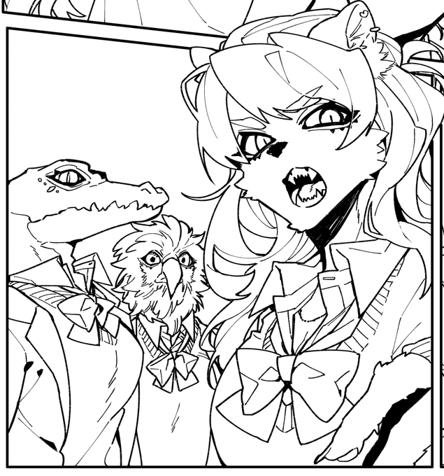 これは鬼メイド漫画の進捗なんですがモブ獣人ギャルたちが思いのほかかわいく描けてかなり満足度高いコマになったやつ 