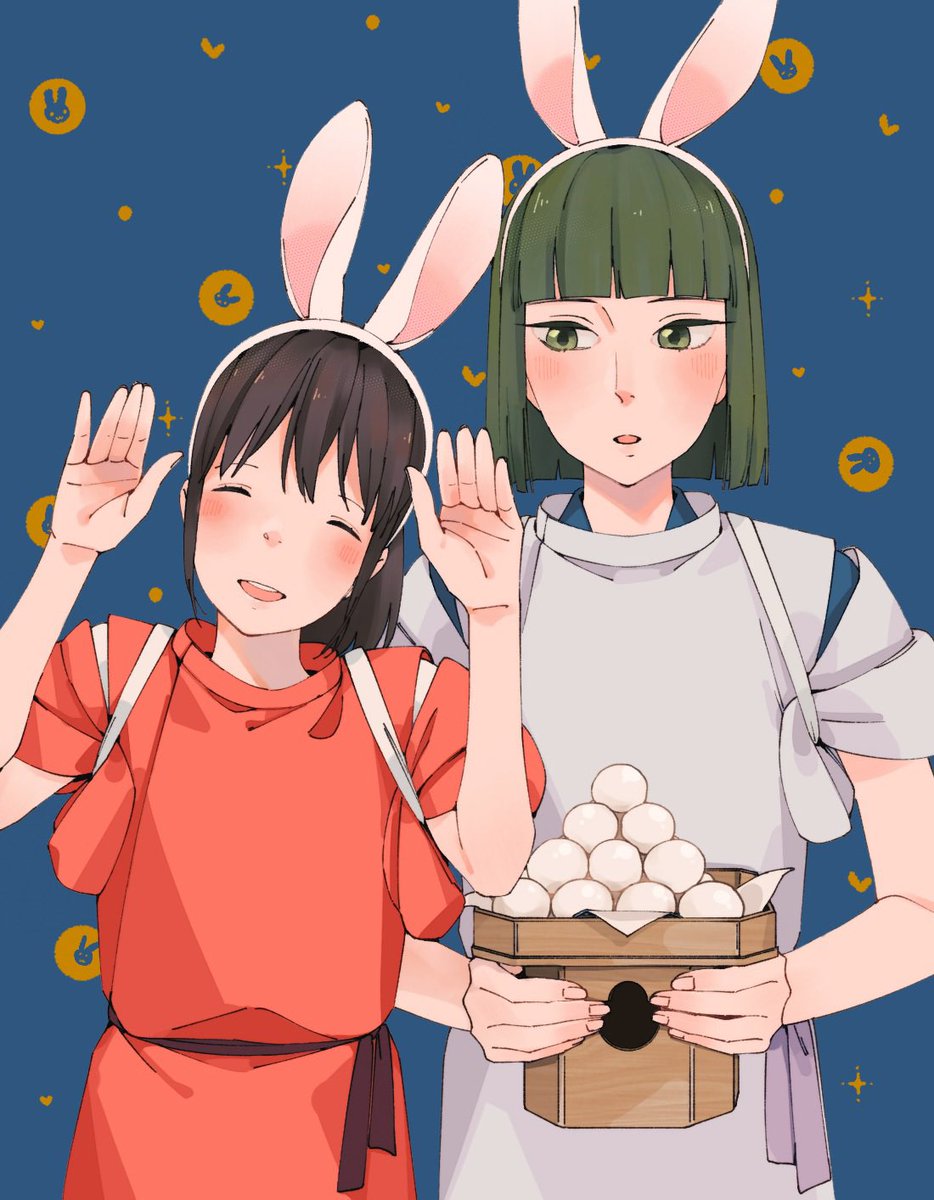 1boy 1girl japanese clothes animal ears food rabbit ears green hair  illustration images