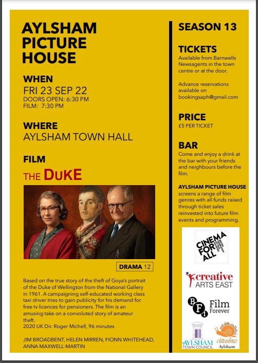 We are excited to announce our new 13th season of films! You can find details of all the films in the new season here: aylshampicturehouse.com/our-current-se… Tickets for the first film of the season, The Duke, are now on sale. Details of the screening are shown on the poster - see you soon!?