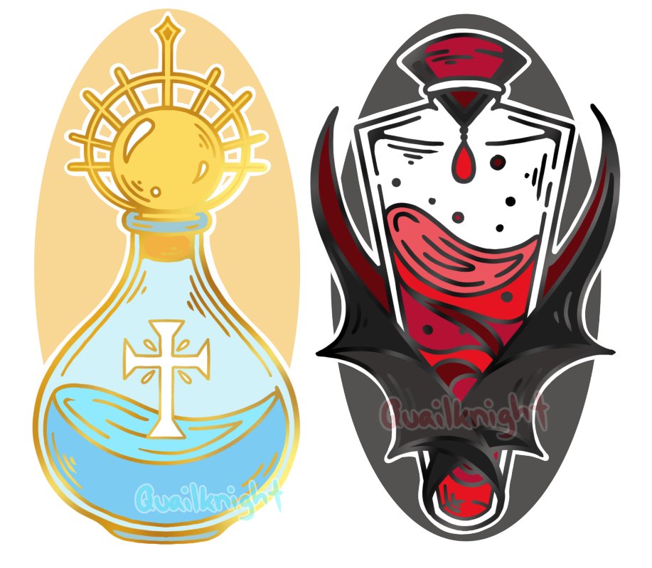 quailknight's tweet photo. A while ago, I designed a #vampire pin and recently I decided to re-visit it. Thought it needed a Vampire Hunter companion.... 

Holy Water and Blood of The Sire https://t.co/oDftARB9jq