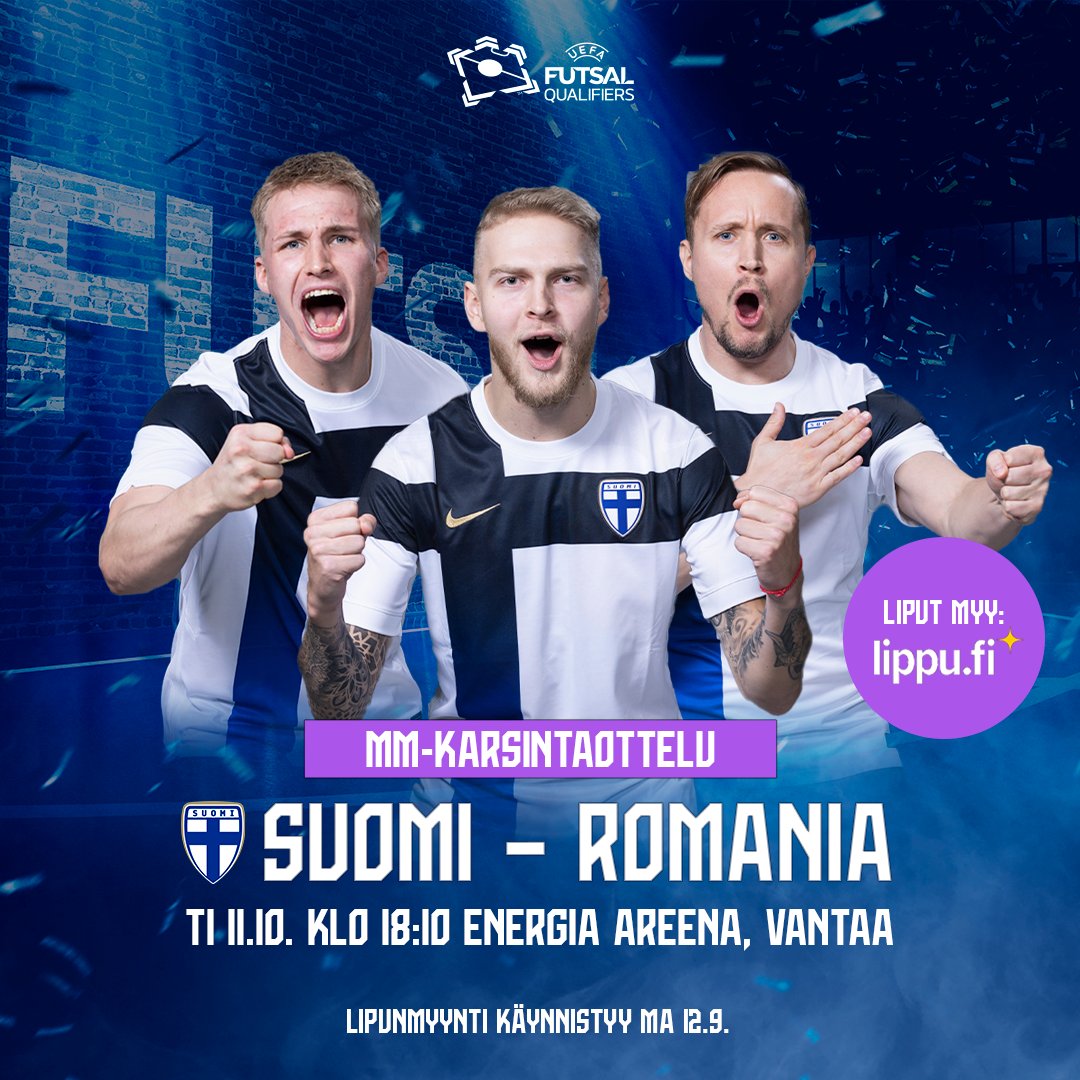 FutsalSuomi's tweet photo. On aika varmistaa paikkansa futsalmaajoukkueiden syksyn karsinta-avauksessa!🤩 

Ensimmäisenä liekeissä on miesten futsalmaajoukkue, joka kohtaa MM-karsintaottelussa Romanian. Liput otteluun myy https://t.co/i5e4MVFdSJ! 🎟️

Lue lisää⤵️
https://t.co/wzzMVRm3UM 

#FutsalFi #Futsal https://t.co/RLRzIuxReP