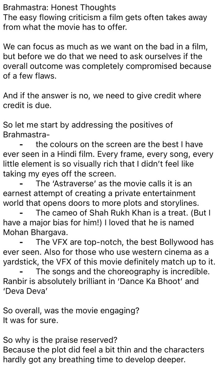 vrushali88's tweet photo. My honest thoughts on @BrahmastraFilm. Stop bashing it and appreciate what it offers. The experience delivered is truly top notch. @karanjohar @DharmaMovies @aliaa08 #BrahmashtraReview #BrahmastraMovie https://t.co/qiPQKedBgq