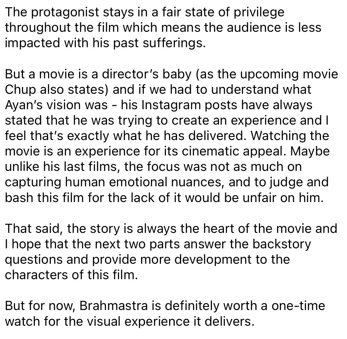 vrushali88's tweet photo. My honest thoughts on @BrahmastraFilm. Stop bashing it and appreciate what it offers. The experience delivered is truly top notch. @karanjohar @DharmaMovies @aliaa08 #BrahmashtraReview #BrahmastraMovie https://t.co/qiPQKedBgq