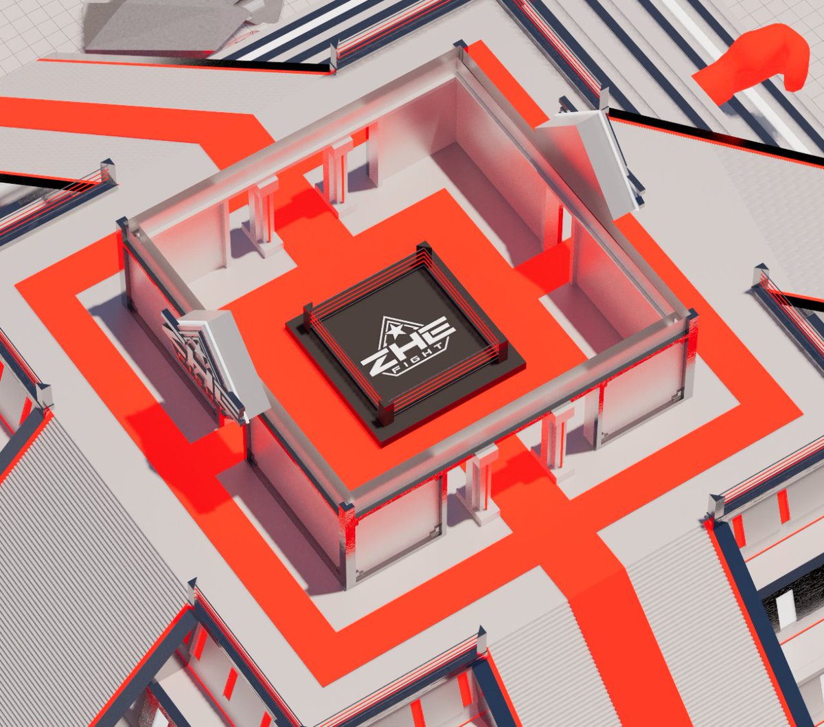 archiverse888's tweet photo. - @ZheFight logo on the 4 sides of the pyramid, extruded in 3D to give it some perspective and impact throughout the design
- a red ribbon which leads the way to the upper room
- a boxing ring in the room above (not part of the secret rooms, it's just an extra) https://t.co/VyLRjOHiG3