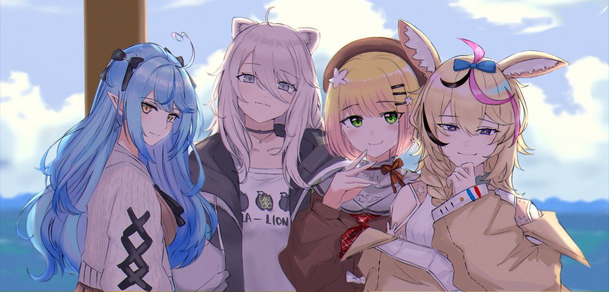 momosuzu nene ,omaru polka ,shishiro botan ,yukihana lamy 4girls multiple girls animal ears fox ears blonde hair blue hair lion ears  illustration images