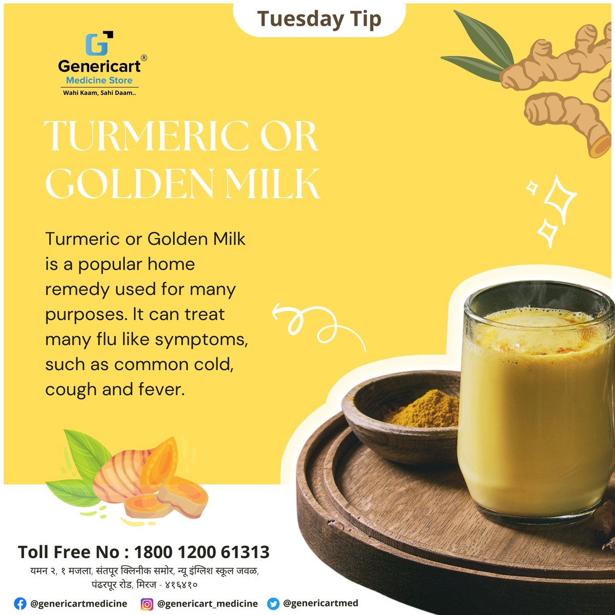 Genericartmed's tweet photo. Turmeric or golden milk is a popular homeremedy used for many purposes. It can treat many flu like symptoms, such as common cold, cough &amp; fever

#TuesdayTip #turmericmilk #turmeric #genericart #genericartmedicine #genericartfamily #wahi_kaam_sahi_daam #algorithmstrategyconsulting https://t.co/L6NWc2N2Jh