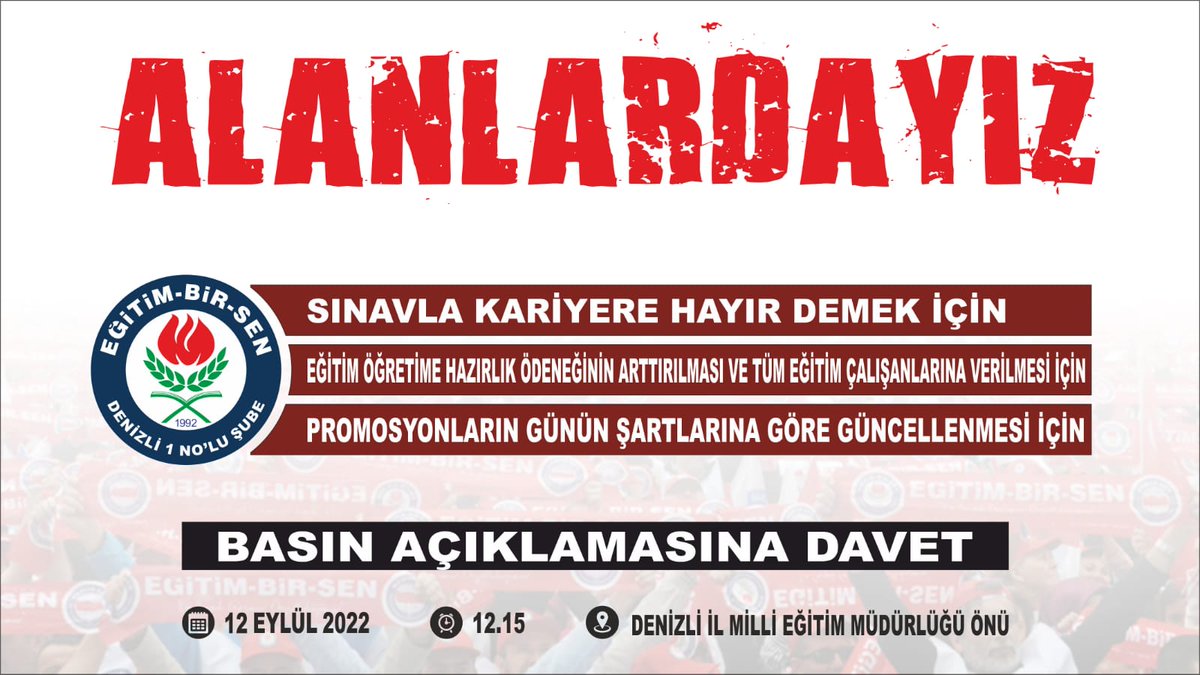 Ebsdenizlikadin's tweet photo. Basın Açıklamasına Davet 
▪️Sınavla kariyere hayır demek için, 
▪️Eğitim öğretime hazırlık ödeneğinin artırılması ve tüm eğitim çalışanlarına verilmesi için, 
▪️Banka promosyonlarının günün şartlarına göre güncellenmesi için, 
Alanlardayız https://t.co/KD53n3hCRK