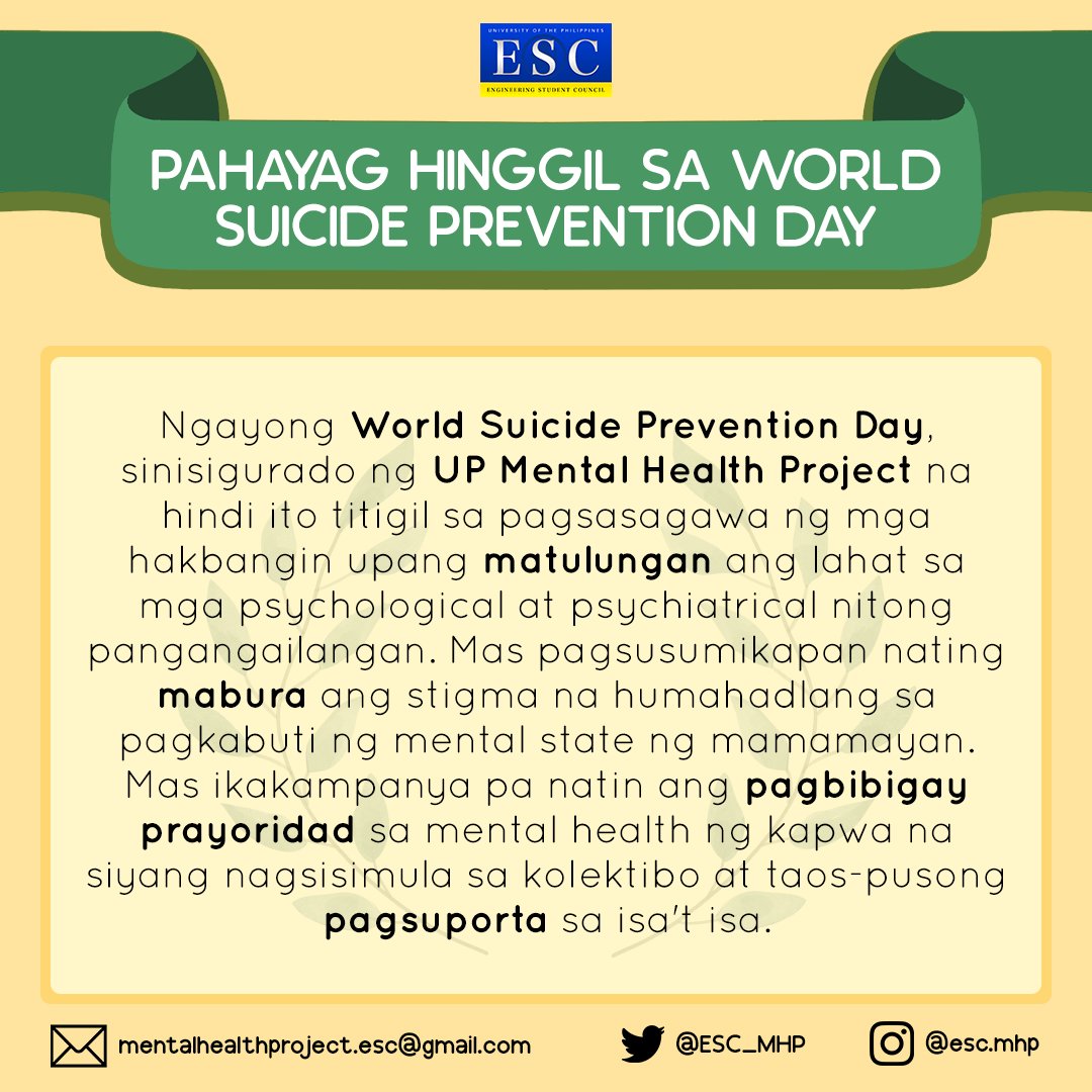 [PAHAYAG HINGGIL SA WORLD SUICIDE PREVENTION DAY]

Inaanyayahan ang lahat na makilahok sa Mental Health Project 2022 na ilulunsad ng Konseho sa susunod na buwan bilang paggunita sa taunang Mental Health Month na makikita sa 

fb.com/ESC.MentalHeal….