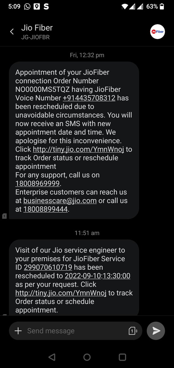 dineshrdkkumar's tweet photo. @JioCare On Thursday I received a message that instalation was scheduled on friday but on friday it was rescheduled. And on today I received a message stating installation will be done by 1.30Pm but no one visited. https://t.co/1ChNNaWEuQ