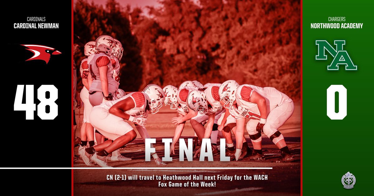 CNathletics1's tweet photo. Big win last night for #CardinalFB as CN shutout Northwood!
Up Next: The Cardinals will travel to Heathwood Hall on 9/16 in the Sonic FNR Game of the Week on WACH Fox 57! #BackTheBird https://t.co/TCbOoJSScu