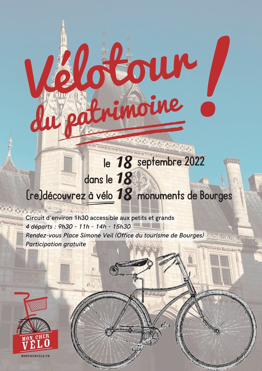 MonCherVelo's tweet photo. A l’occasion des #JEP2022, MonCherVélo organise le 1er #Vélotour du patrimoine à #Bourges ! 🚲 

👉 Un parcours à #vélo d’1h30 accessible à tous dans les rues du centre-ville pour (re)découvrir 18 monuments, des plus connus aux plus confidentiels. En plus, c’est gratuit ! 🙃 https://t.co/uMQiy8Zjuy