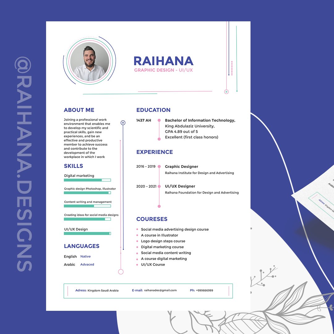 RaihanaDesigns's tweet image. إذا كنت طالبًا أو خريجًا وتبحث عن وظيفة ، إحصل على سيرتك الذاتية بطريقة إحترافية وأنيقة 💡📄 .

📎 باللغة العربية 
📎 باللغة الإنجليزية

للطلب دايركت 📩 .
WhatsApp 👇🏻✨ 
 wa.me/message/KIZRHD…

#سيرة_ذاتية #اليوم_الوطني_٩٢ #تصميم