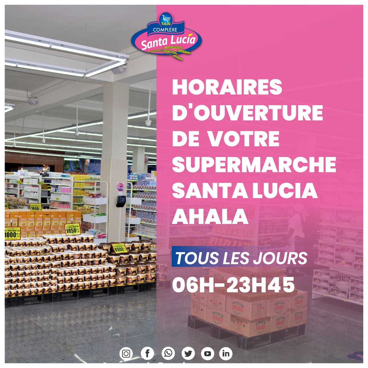 SantaLucia237's tweet photo. 👇 Voici les horaires d'ouverture de votre supermarché Santa Lucia AHALA
#Ahala

#ComplexeSantaLucia https://t.co/PSpP0WMCpW