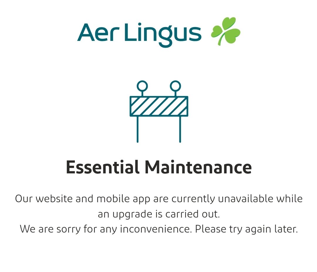 Big movement from <a href="/AerLingus/">Aer Lingus</a>.
No longer scheduled upgrade but now essential maintenance... progress.... maybe .... #aerlingus