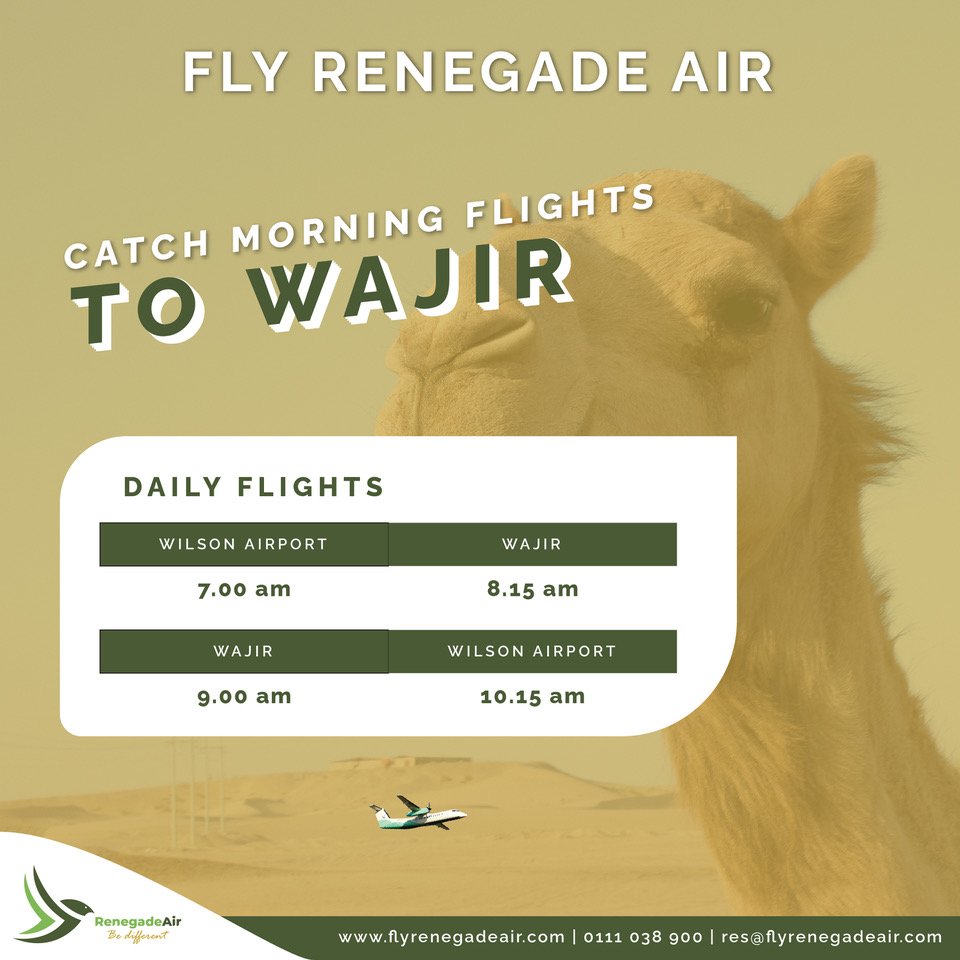 flyrenegadeair's tweet photo. The best way to fly to to the northern frontier.
Safe. Reliable and Personalized.
To book call 0111 038 900 today!
#wajir #flyrenegadeair #bedifferent #bestexperience #bestrates #bestfares #northernkenya #flysafe #weekendtravels #weekendvibes #weekendflights #wilsonairport https://t.co/XQhOt2ctKD