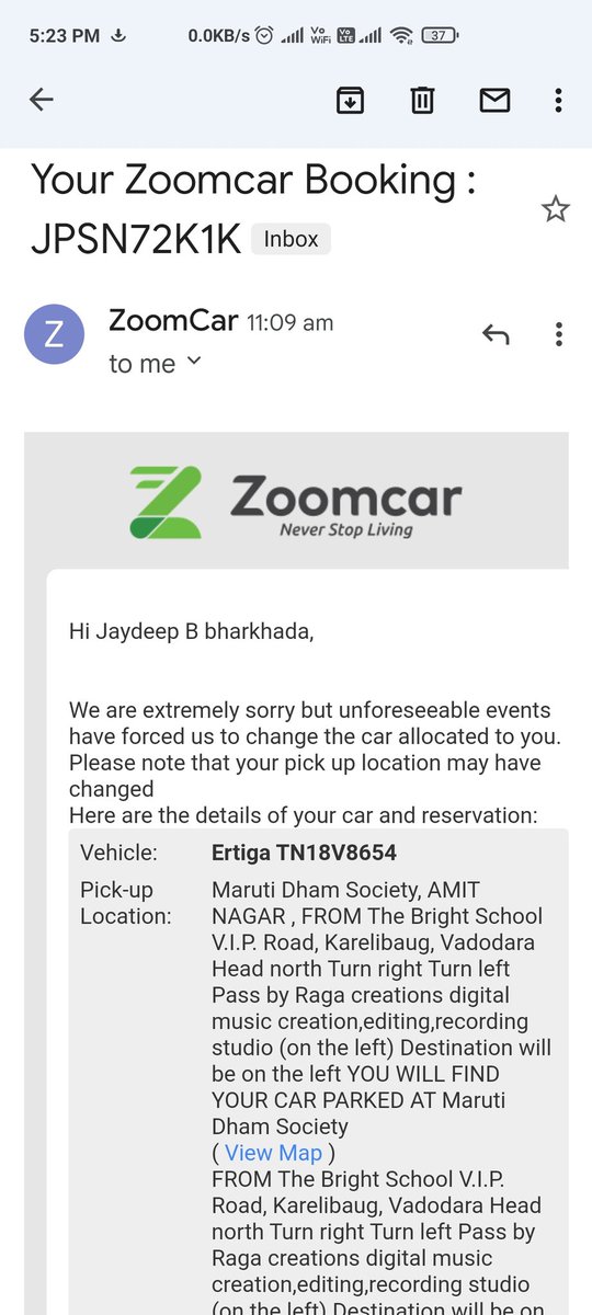 jaydeepbharakh4's tweet photo. I booked car for two days 11 and 12 sept on zoomcar and car is vitara brezza but today I got  mail and zoomcar application showing it is Ertiga, https://t.co/tWoLGFKXrB
