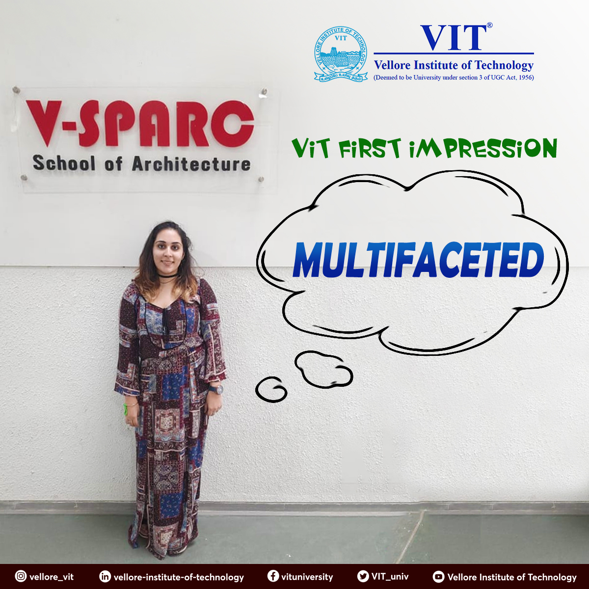 VIT_univ's tweet photo. Mehar Khinda, our first year Architecture student from Kapurthala, Punjab describes her first impression about VIT as "Multifaceted"!

Share your first impression of VIT in the comments below.

#HelloVIT #VelloreInstituteofTechnology #WelcomeToVIT #Freshers #classof2027 https://t.co/Hgc6QyfWWq