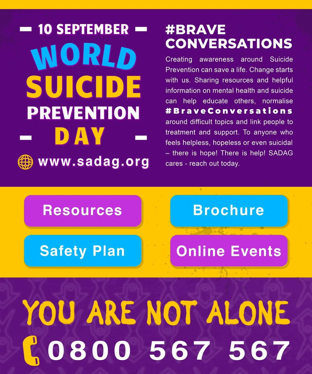 SADAG has information available and an online toolkit including information on warning signs, posters for your class, work or community noticeboard, brochures on adult and teen suicide prevention, online expert videos, debunking myths and Suicide language buff.ly/3xaZEx8