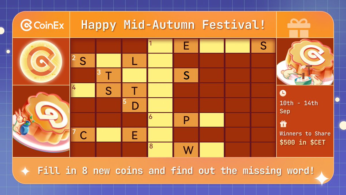 coinexcom's tweet image. 🎑 Happy Mid-Autumn Festival! 🌕

Fill in 8 new coins and find out the missing word to win $500! 🤩

✅ Follow @coinexcom
✅ Like + RT + Tag 3 friends
✅ Comment your answers

See new listing 👉 coinex.com/markets/new

Submission ends 14th Sep. Good luck! 🥳

#CoinEx #Giveaway
