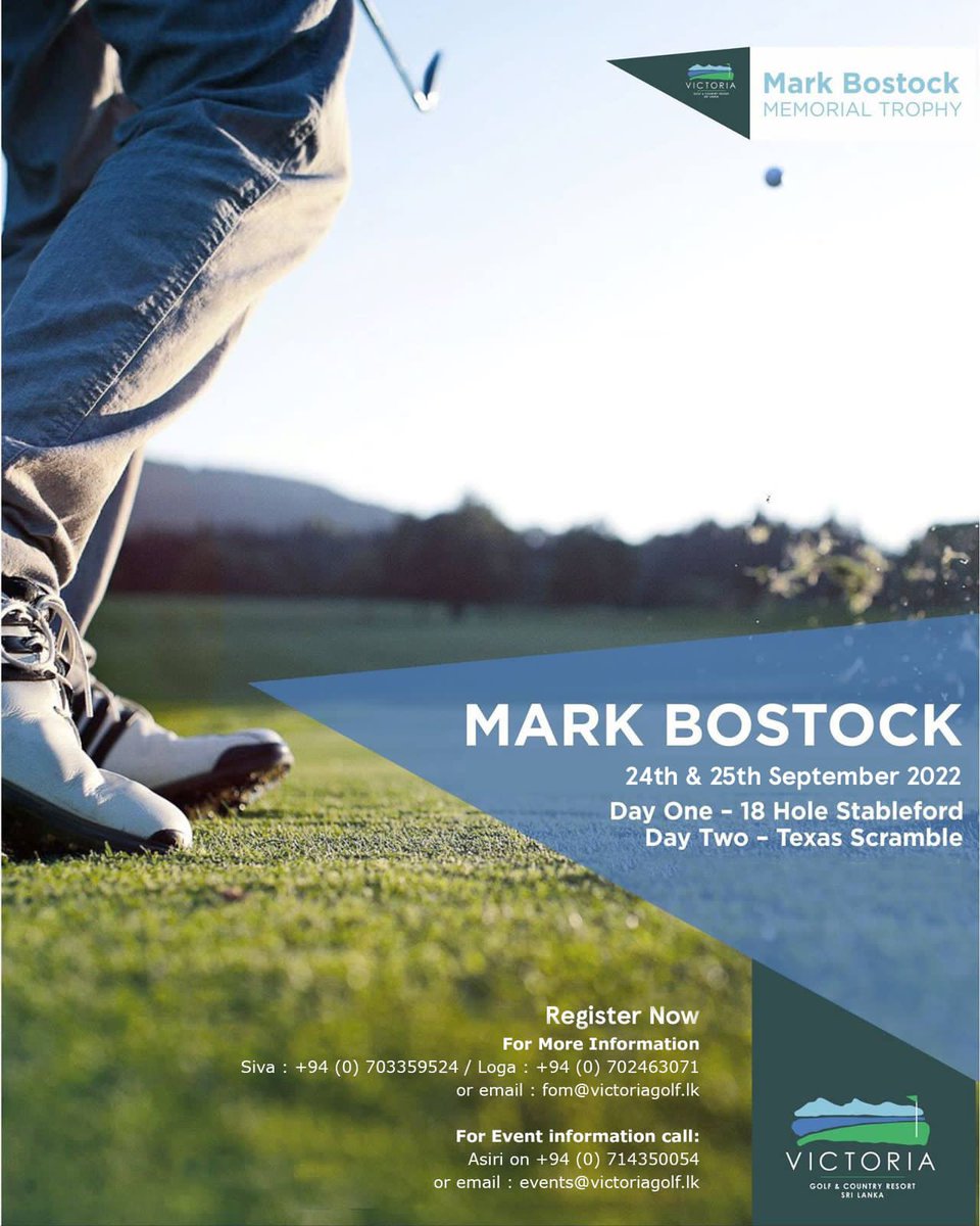 The Mark Bostock Memorial Tournament will be held on  the 24th and 25th of September 2022 ! 

For more information call Asiri on 
071 435 0054 

#Golf #golflovers #golfing  #srilanka #paradiseisland #jkp #Johnkeellsproperties #trooninternational