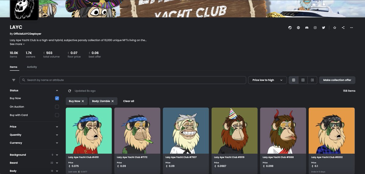 The floor is looking thin for our undead frens. LETSGOH! ONLY 158 listed 👀 <a href="/LazyApeYC/">Lazy Ape</a> #LAYC #proudtoDEATH 
#nft #nfts #nftcommunity #NFTcollections #NFTCollection #nftart #zombiegang #zombie #undead #web3 #web3community