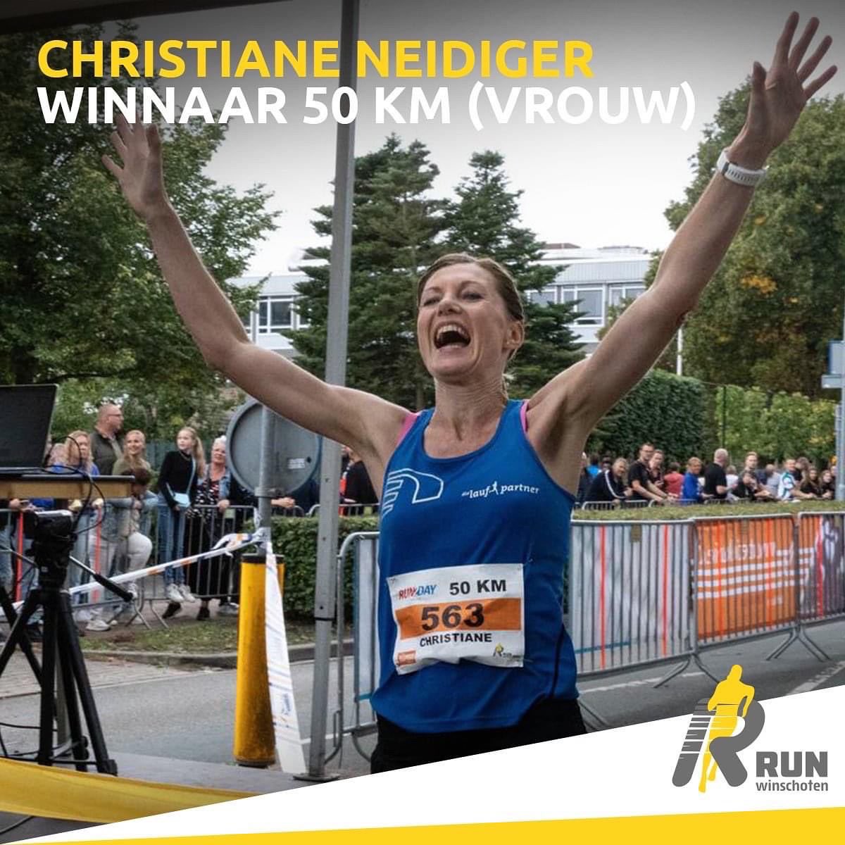 De eerste winnaars zijn bekend! Bij de 50 kilometer kwam bij de mannen Thijmen van der Loop als eerste over de finish, hij liep in een tijd van 3.01.18.

Even later volgde de eerste vrouw! Christiane Neidiger kwam over de streep met een tijd van 03.40.00 precies!