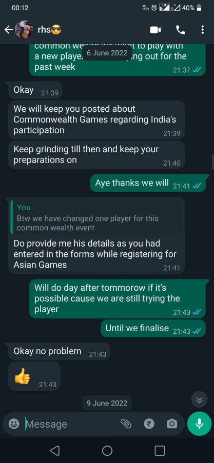 NO_Chanc3's tweet photo. My conversation with ESFI staff for player change at Commonwealth 2022 regional qualifiers. https://t.co/MTv2VuP09y