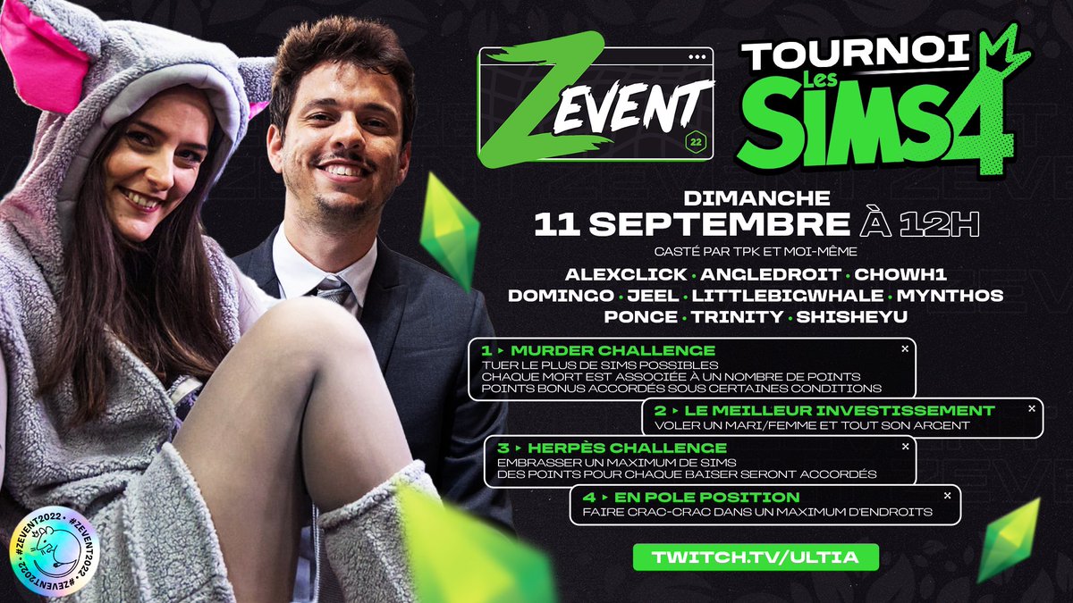 Demain dimanche 11 septembre à 12h, c'est le retour du tournoi <a href="/LesSims/">Les Sims</a> casté par <a href="/TPK_live/">TPK</a> et moi même ! 

Herpes challenge, meilleur investissement et crac-crac intempestifs, j'ai trop HATE💚🐀