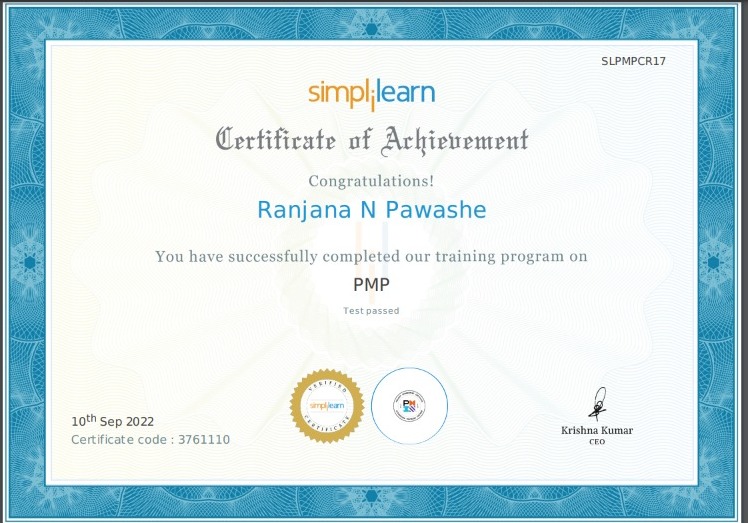 Have completed Project Management formal Training of 35PDU successfully. It was great experience of learning with Simplilearn. 

#experience #training #learning #projectmanagement #pmicertification #pmpcertification #upskillingit22