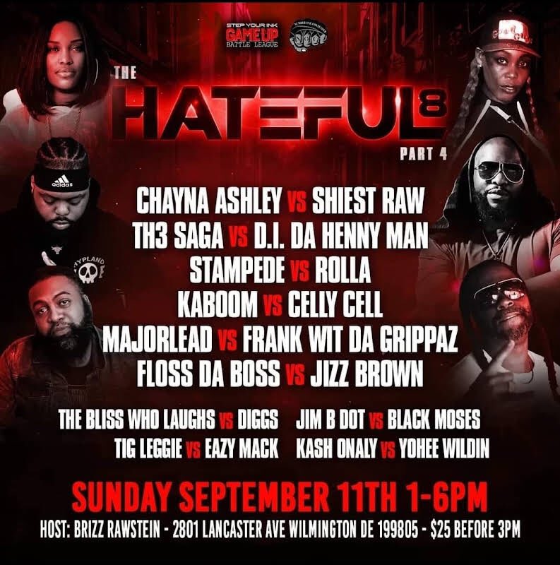 HouseofColors_'s tweet photo. #ThisWeekInBattleRap, @PUSHYAPEN presents #TheHateful8Pt4 in Wilmington, DE on Sun. Sept. 11 1P-6P. Host: @ImBrizzByTheWay
@chayna_ashley v @ShiestFGirlRaw
@Th3Saga v @BattleRapTrap #HouseofColors #StepYourInkGameUp #BattleRap #hiphop
@215stampede @Kaboom_215 @JimBDot https://t.co/1MiHjXGeTm