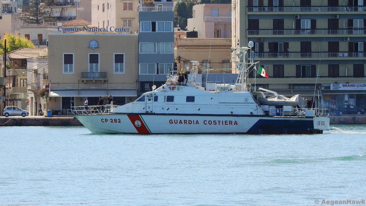 AegeanHawk's tweet photo. Guardia Costiera #ItalianCoastGuard 200/S class patrol boat CP282 under #Frontex spotted today early afternoon entering at #Chios island port in east #Aegean Sea. https://t.co/YWmqjw1z6f