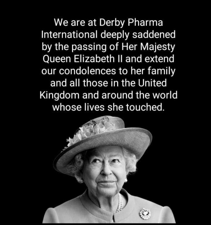 We are at Derby Pharma International Limited deeply saddened by the passing of Her Majesty Queen Elizabeth II and extend our condolences to her family and all those in the United Kingdom and around the world whose lives she touched.