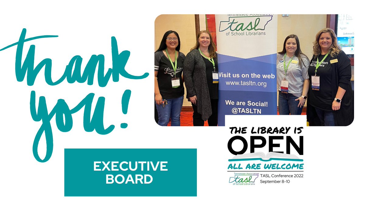 TASLTN's tweet photo. Our 2022 Executive Board deserves all the spotlight and accolades! 👏👏 Thank you to @MsChenLibrarian @jerniganlib @mrscapshawbooks  @techladytn and @LindsKAnderson (not pictured). https://t.co/lLgaLCngIR