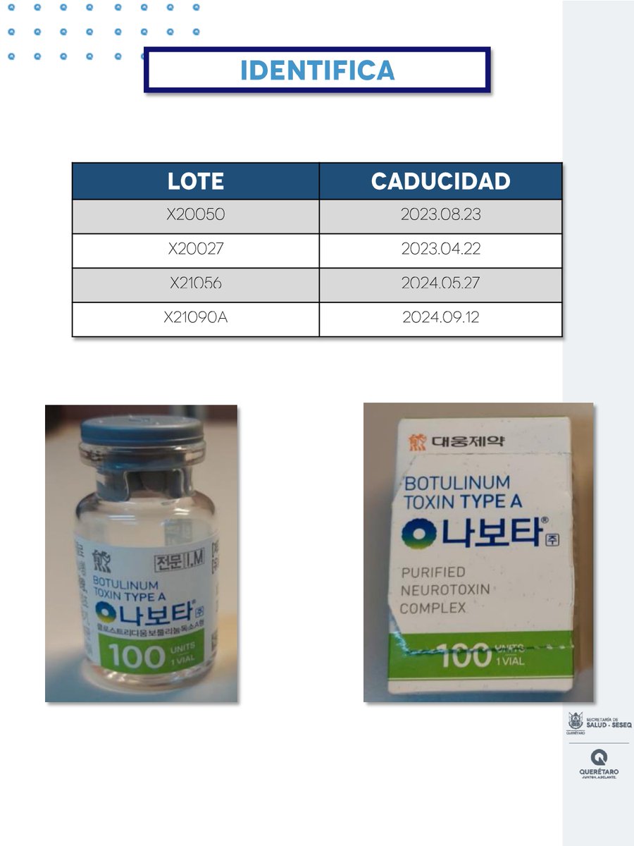 DPCRS_Qro's tweet photo. #DPCRS
#AlertaSanitaria
⚠️⚠️ Medicamento falsificado 🔎💊 "Nabota"(toxina botulínica tipo A) se emplea como bloqueador de la liberación de acetilcolina #identificalos . https://t.co/90X8r7BzTo