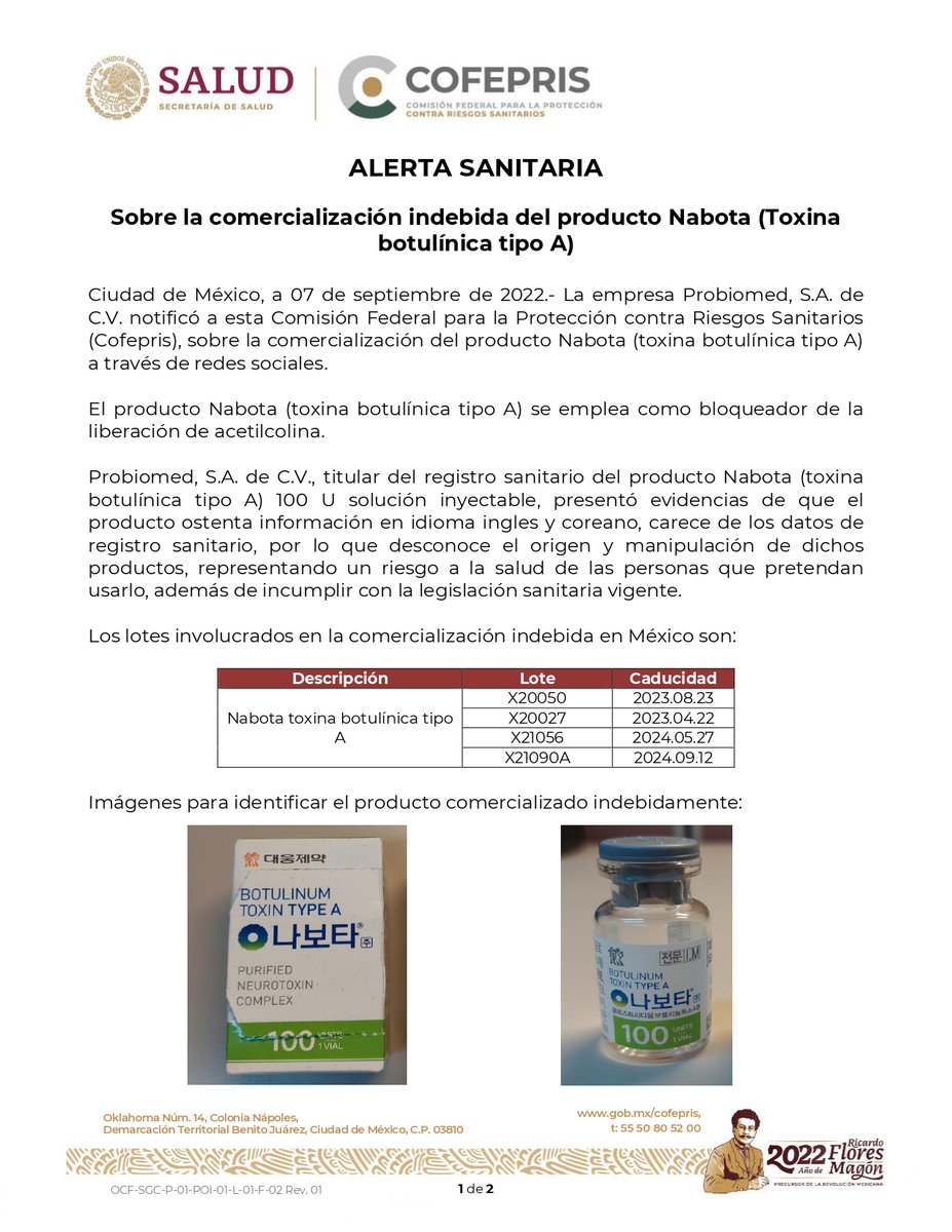 DPCRS_Qro's tweet photo. #DPCRS
#AlertaSanitaria
⚠️⚠️ Medicamento falsificado 🔎💊 "Nabota"(toxina botulínica tipo A) se emplea como bloqueador de la liberación de acetilcolina #identificalos . https://t.co/90X8r7BzTo
